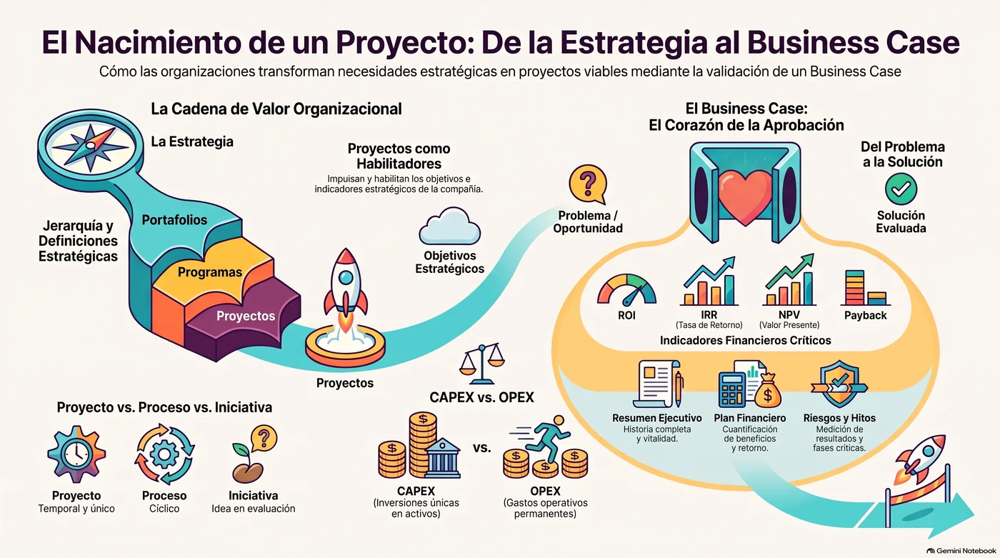 Cadena de valor organizacional: la estrategia se despliega en portafolios, estos en programas y estos en proyectos, que alimentan el Business Case